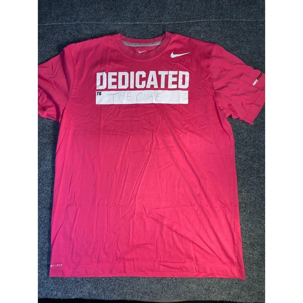 Nike Football Tee Shirt Mens Large Red Cotton Dedicated To The Cure Dri Fit Logo
